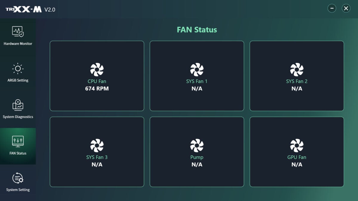 The 'Fan Status' tab on Sapphire TriXX-M software running on Nitro+ B850A WiFi 7.