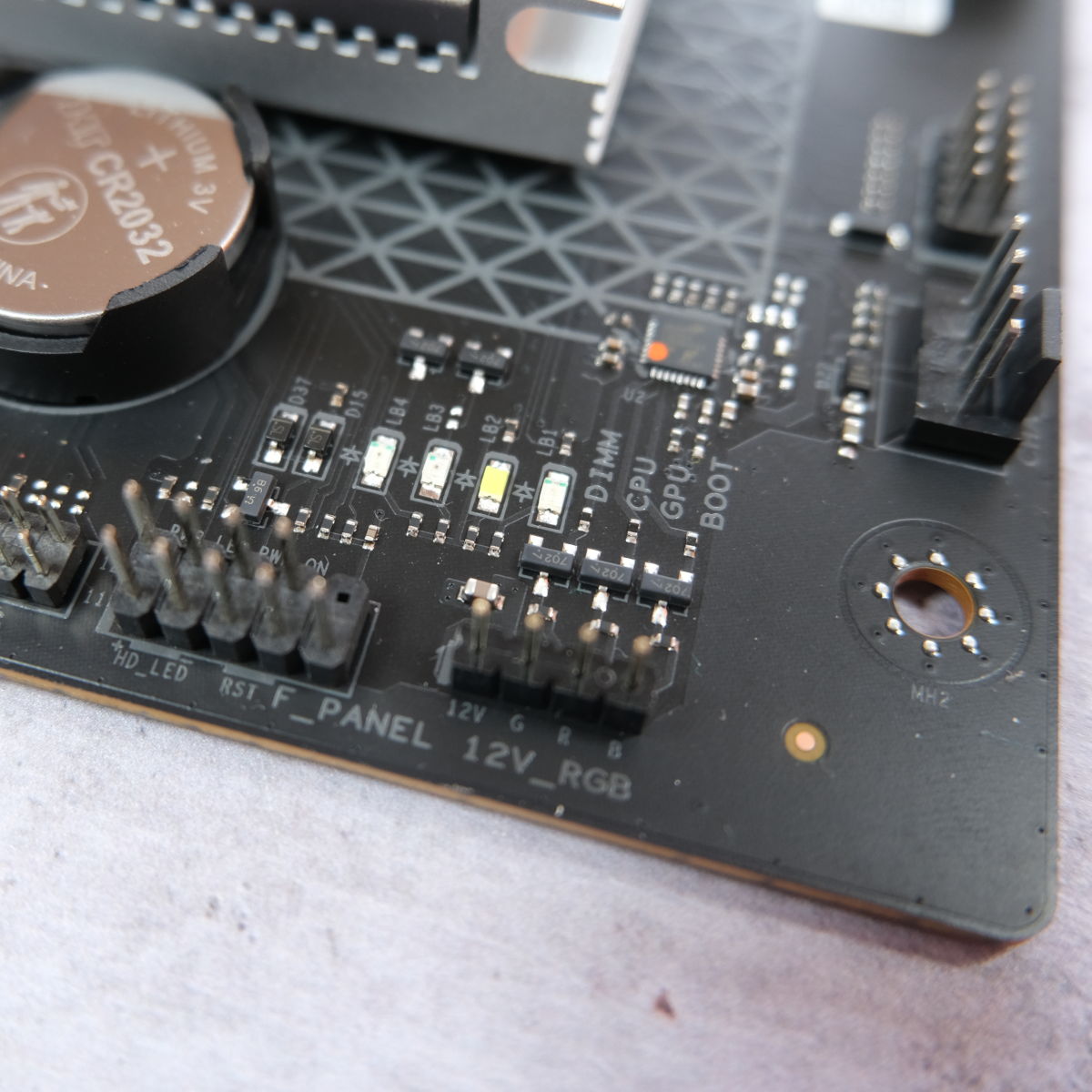 A close up of Debug LEDs on Sapphire Nitro+ B850A WiFi 7.
