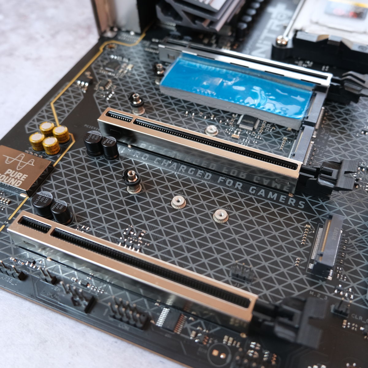 A wide shot of the expansion slots on Sapphire Nitro+ B850A WiFi 7.
