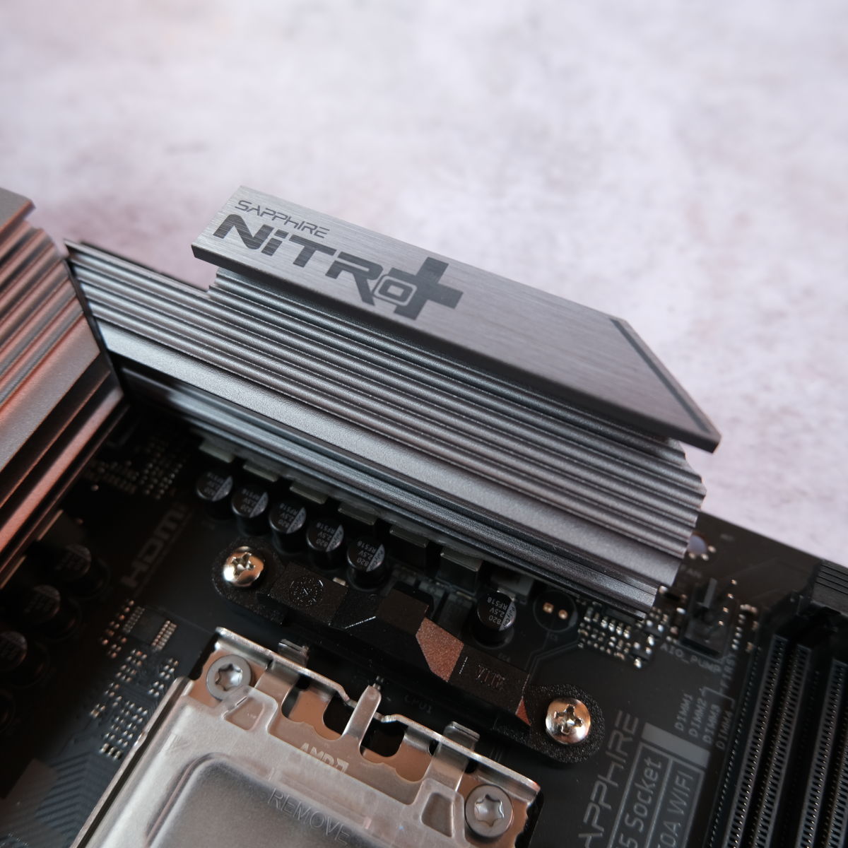 A close up of a VRM heatsink on Sapphire Nitro+ B850A WiFi 7.