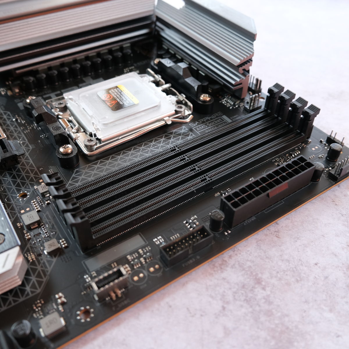 A close up of the four DIMM slots on Sapphire Nitro+ B850A WiFi 7.
