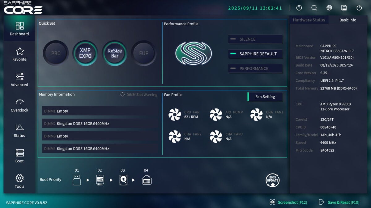 The 'Dashboard' tab in Sapphire CORE BIOS, running on Nitro+ B850A WiFi 7.