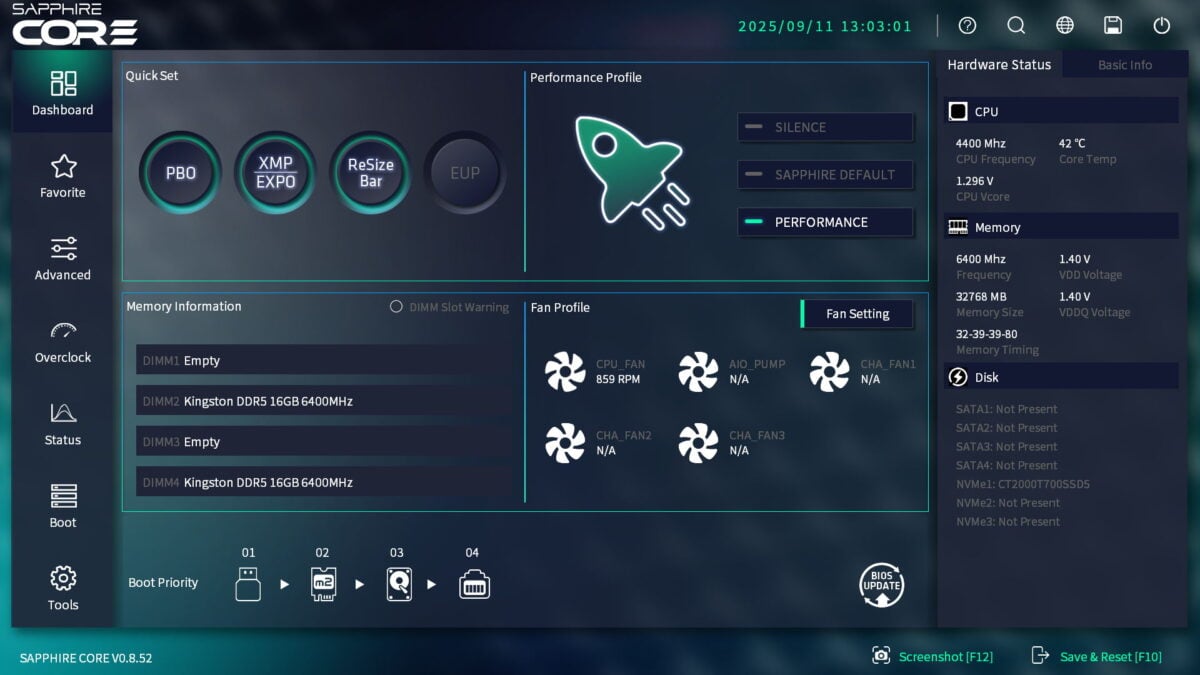 The 'Dashboard' tab in Sapphire CORE BIOS, with the 'Performance' performance profile selected, running on Nitro+ B850A WiFi 7.