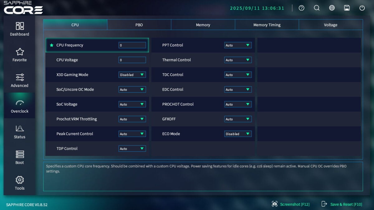 The 'Overclocking' tab in Sapphire CORE BIOS, running on Nitro+ B850A WiFi 7.