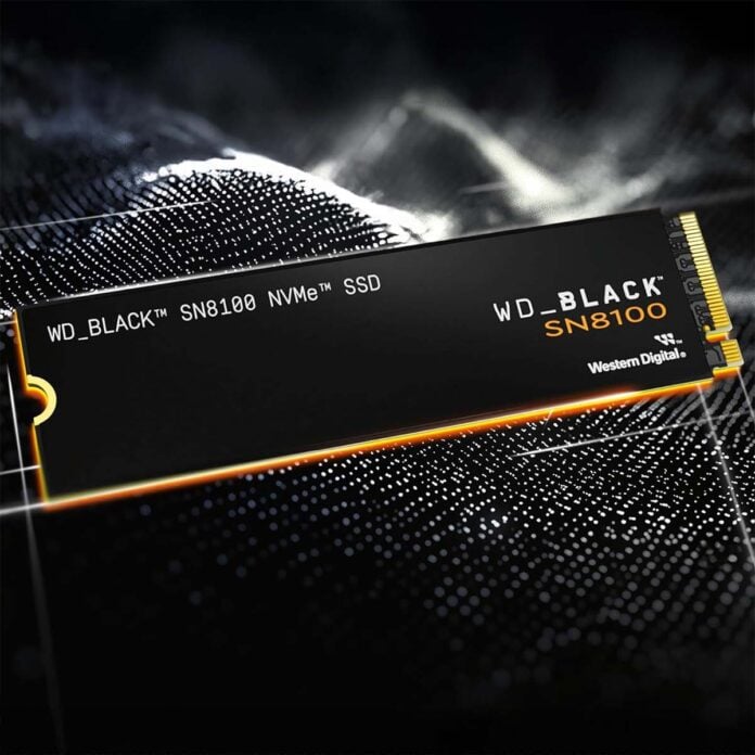 WD_Black SN8100 NVMe SSD, floating against a black-silver backdrop.