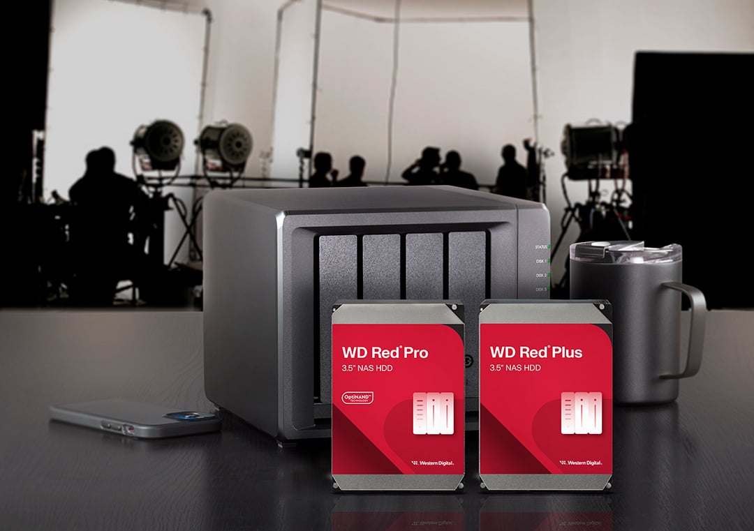 WD Red Pro and WD Red Plus HDDs alongside a 4-bay NAS.