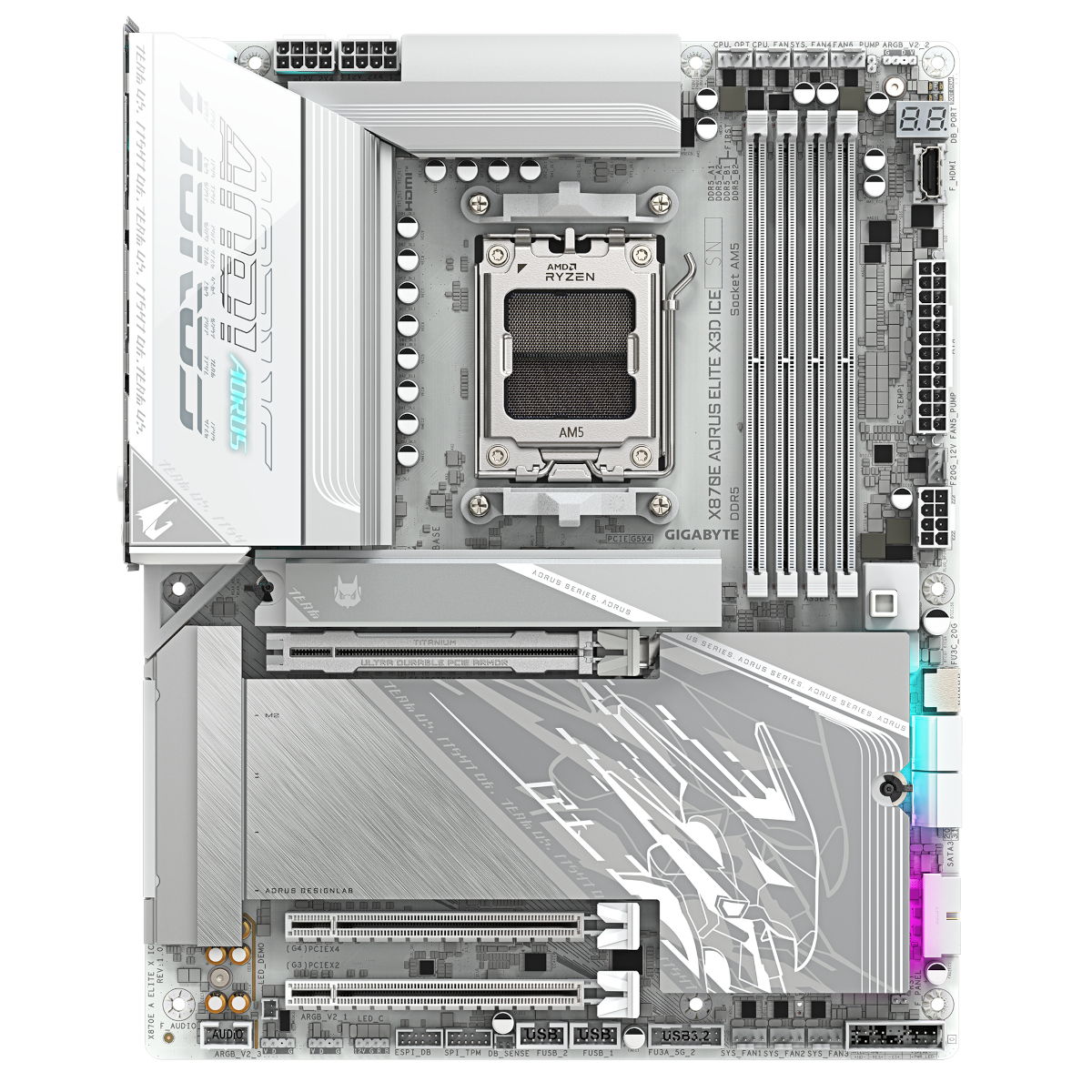 Top-down view of X870E Aorus Elite X3D Ice.
