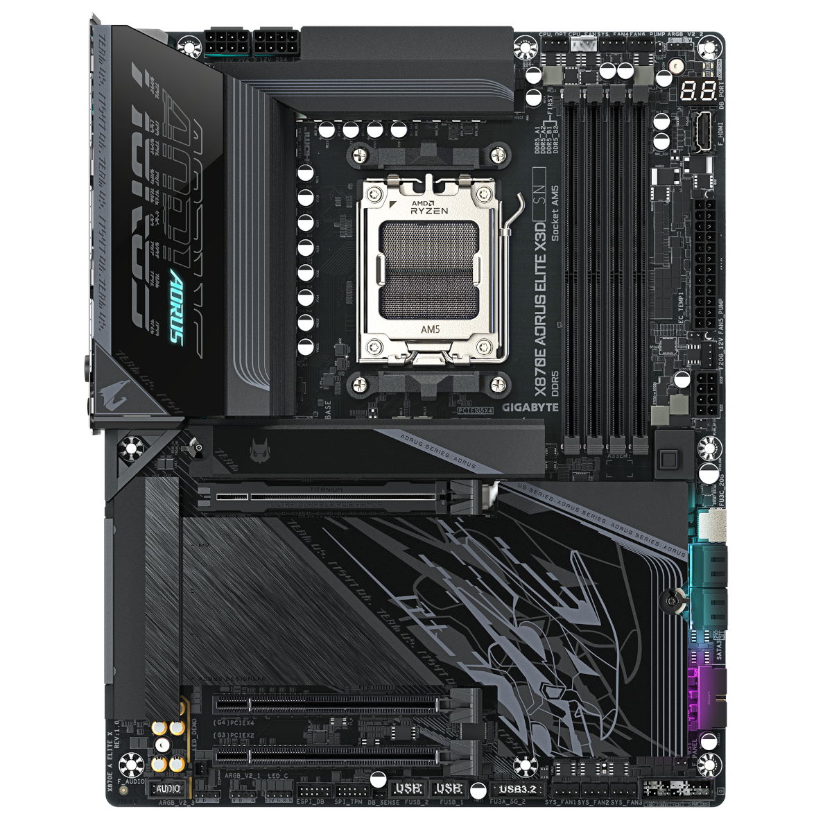 Top-down view of X870E Aorus Elite X3D.