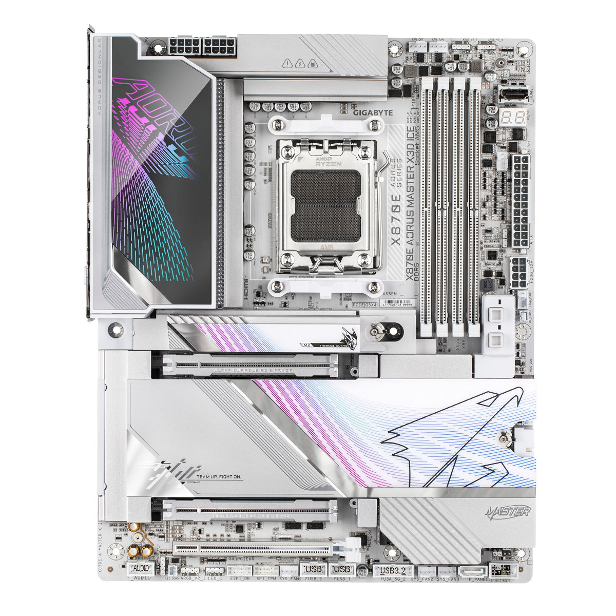 Top-down view of X870E Aorus Master X3D Ice.
