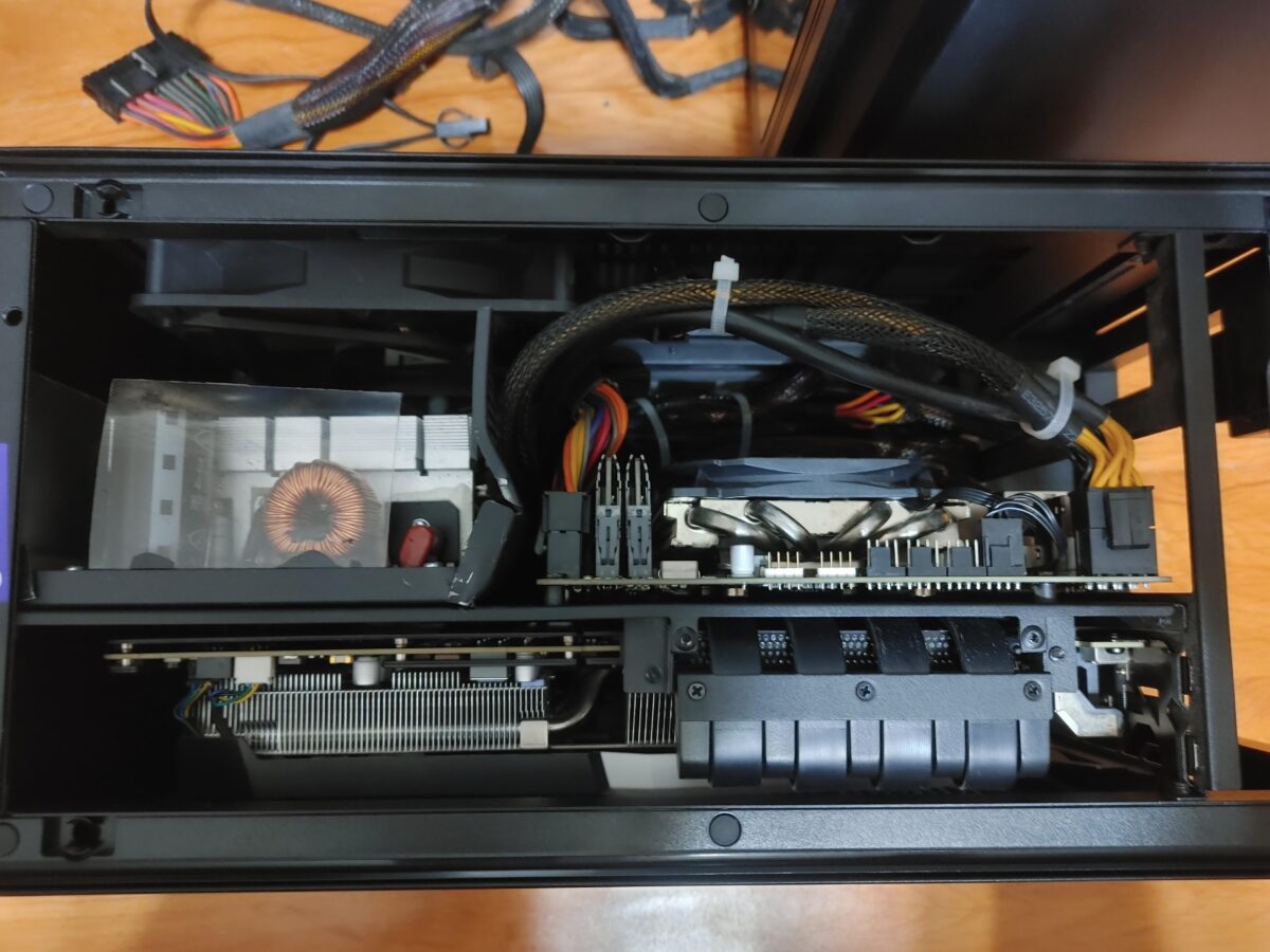 Internal view of 'Frankenstein' PC build showing lack of space and air flow