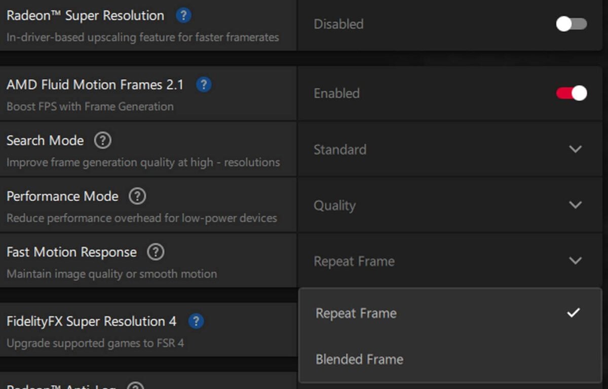 AMD AFMF 2.1 Fast Motion Response options.