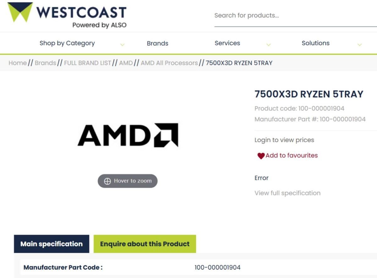 AMD Ryzen 5 7500X3D listing.