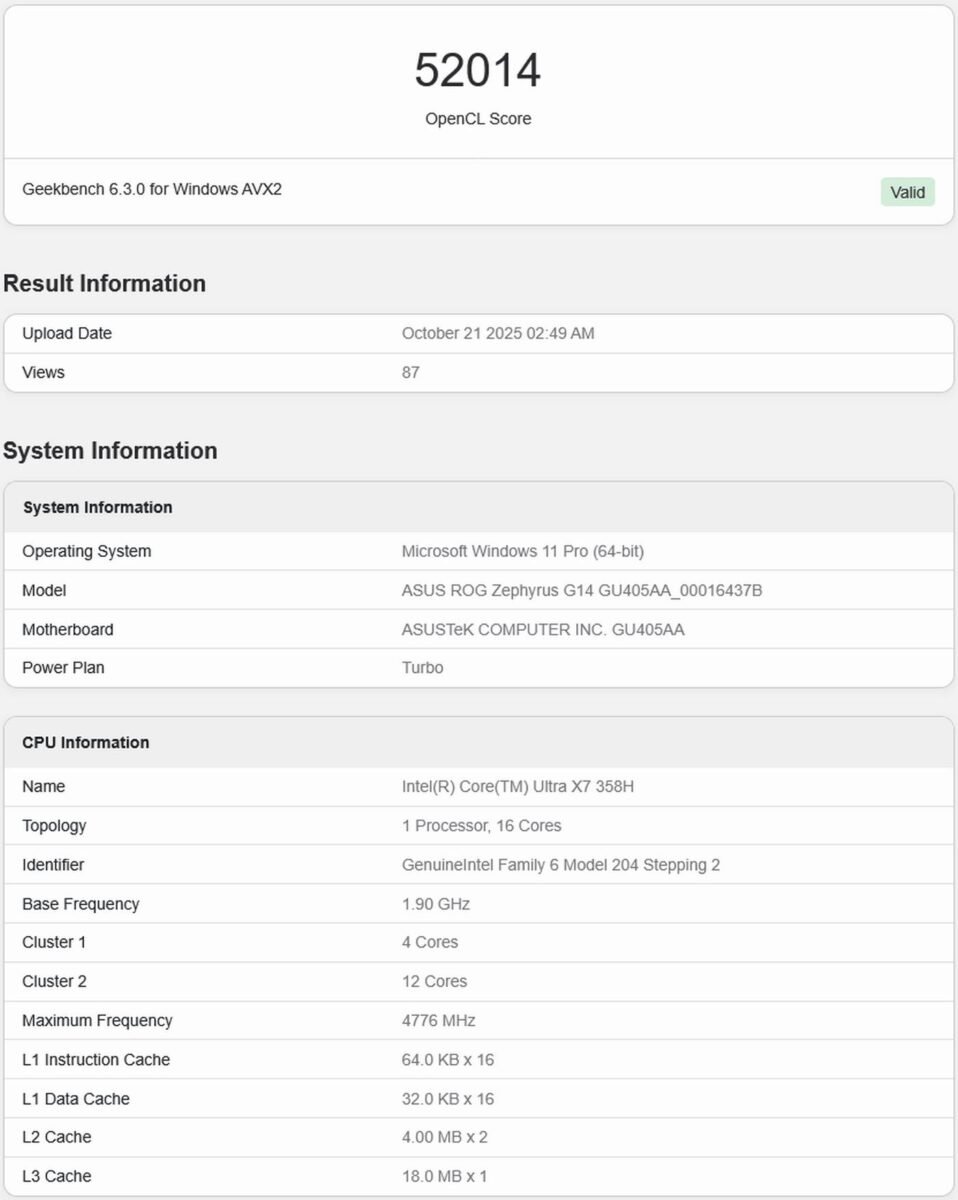 Intel Core Ultra X7 358H OpenCL benchmark.