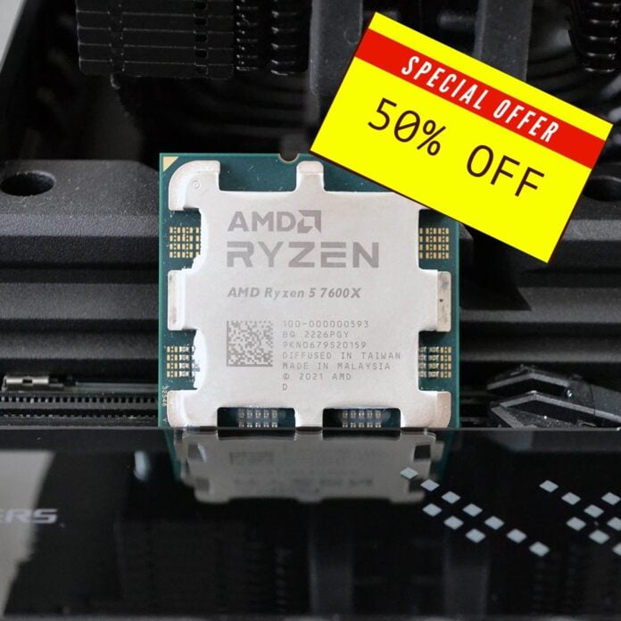 Ryzen 5 7600X with a 50% off sticker floating above it.