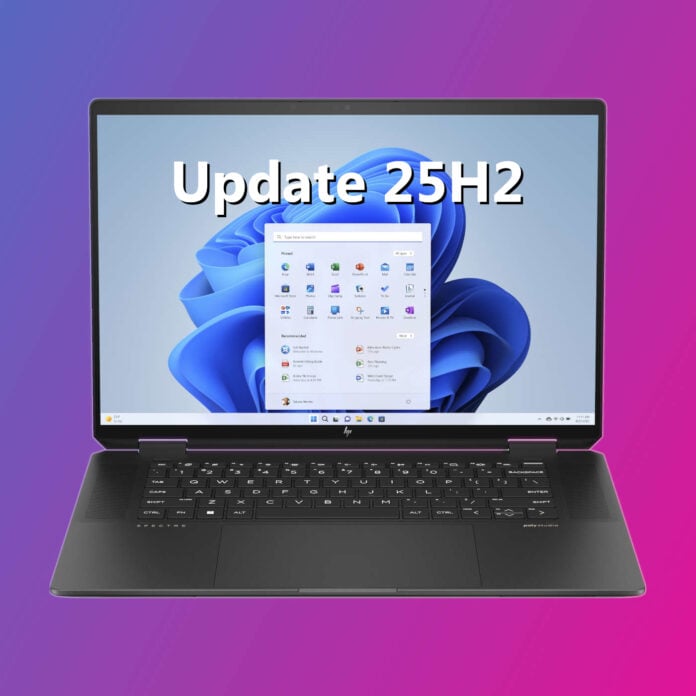 Windows laptop showing text 'Update 25H2'