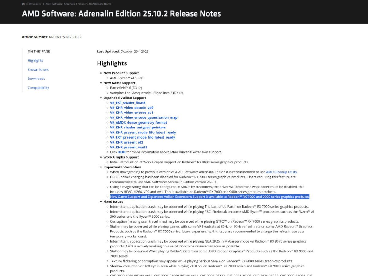 A screenshot of AMD Software: Adrenalin Edition 25.10.2 Release Notes with a sentence highlighted in blue, indicating game optimisations are now exclusive to Radeon RX 7000 and 9000 Series graphics cards.