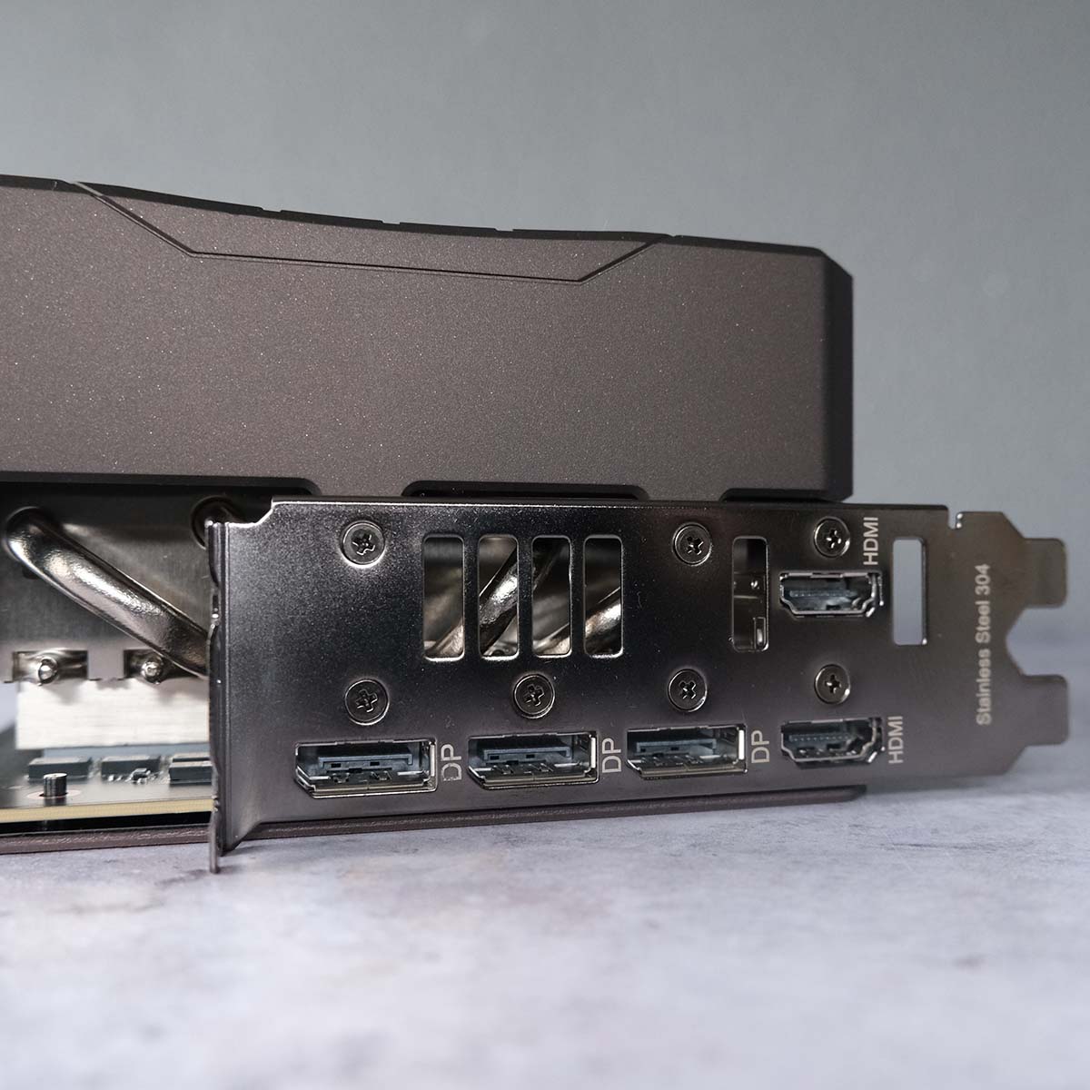 Close up of DisplayPort and HDMI ports on Asus GeForce RTX 5080 Noctua OC Edition.