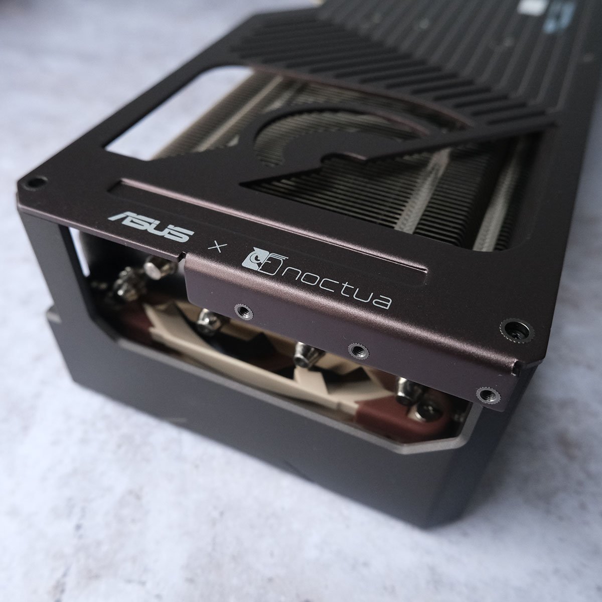 Close-up of 'Asus x Noctua' logo on Asus GeForce RTX 5080 Noctua OC Edition backplate.