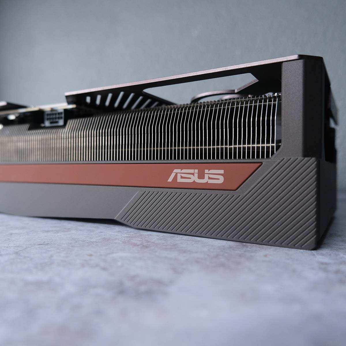 Close-up view of Asus GeForce RTX 5080 Noctua OC Edition's side profile.