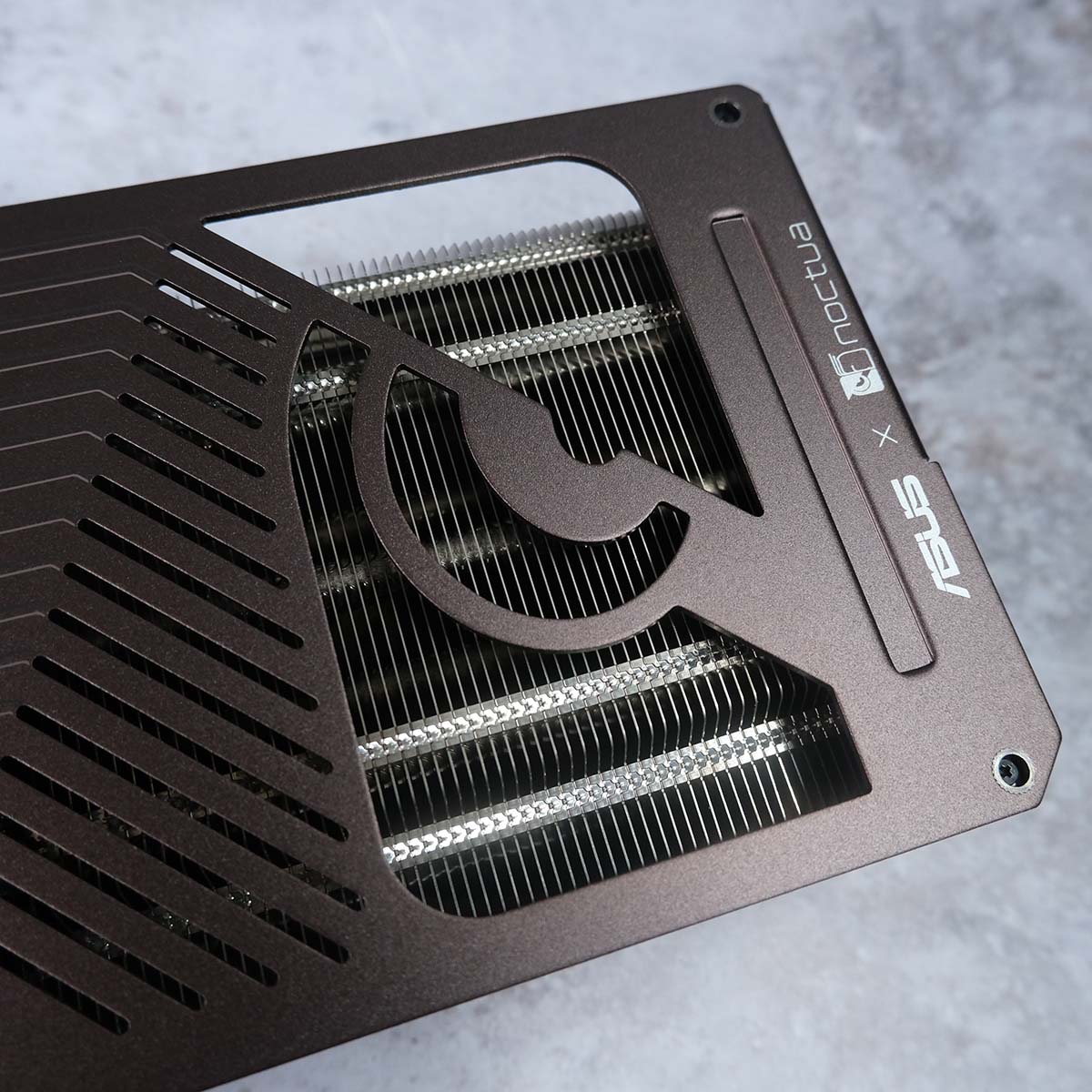 Close-up of Noctua owl stencil cutout in the backplate of Asus GeForce RTX 5080 Noctua OC Edition.