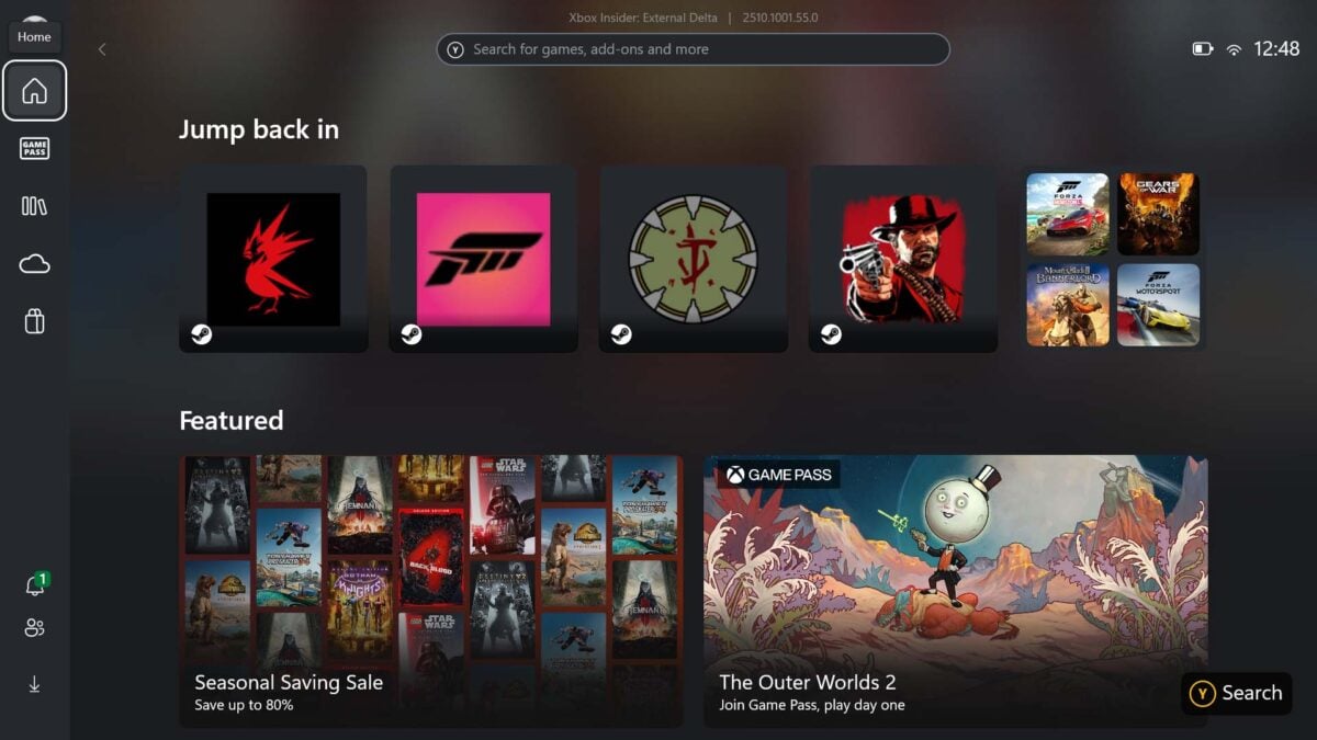 Screenshot of the Xbox App, running in 'Xbox Full Screen Experience' mode on ROG Xbox Ally X.