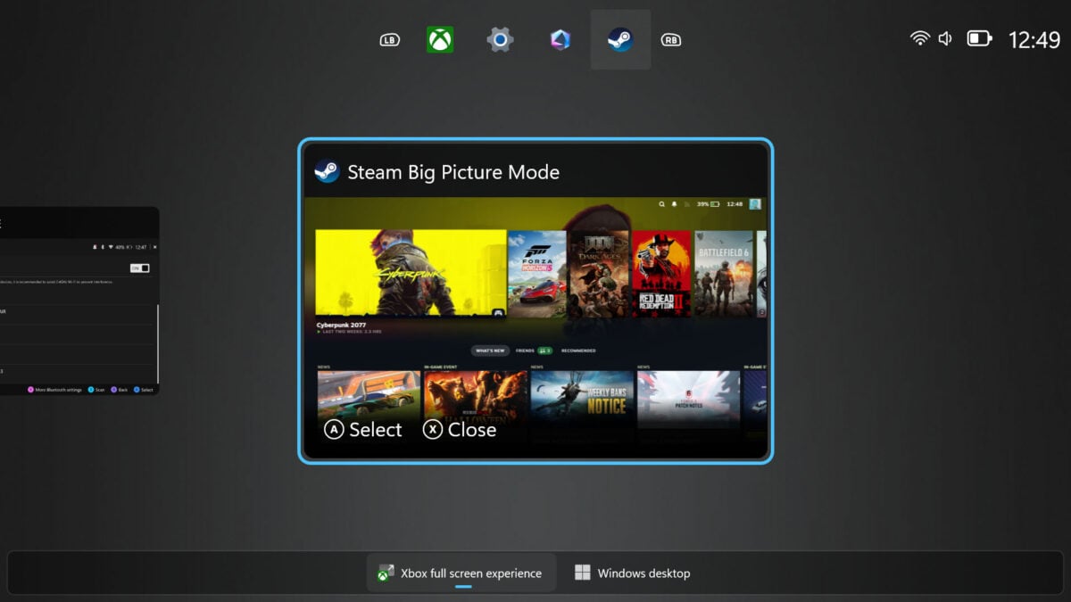Screenshot of a task in 'Xbox Full Screen Experience' mode on ROG Xbox Ally X.