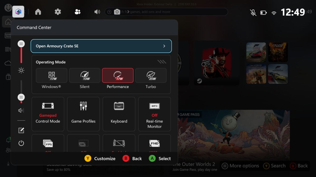 Screenshot of Armoury Crate overlay on ROG Xbox Ally X.