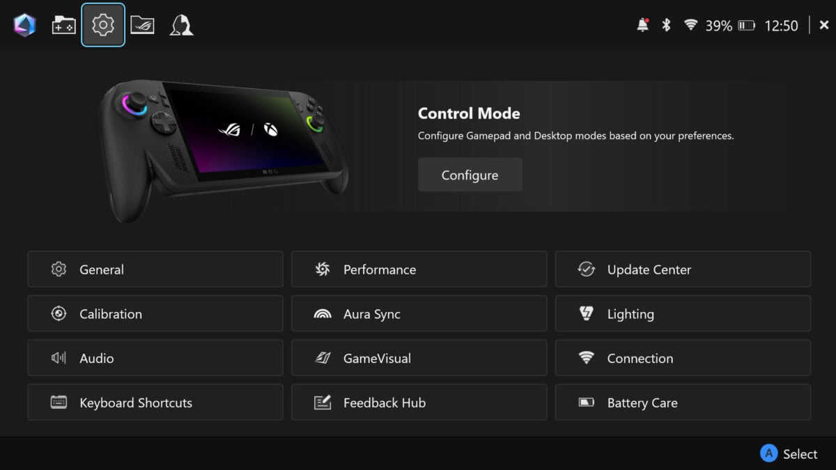 Screenshot of Armoury Crate main menu on ROG Xbox Ally X.