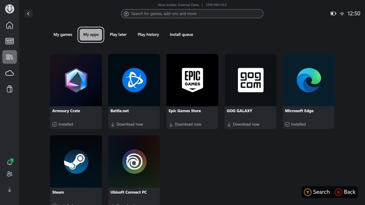 Screenshot of downloadable storefronts in Xbox app on ROG Xbox Ally X.