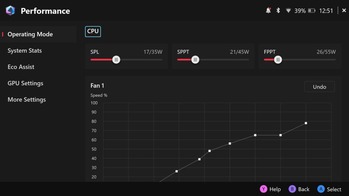 Screenshot of power and fan controls within Armour Crate on ROG Xbox Ally X.