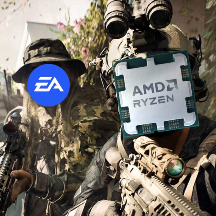 A Battlefield 6 screenshot featuring two soldiers with an EA logo (left) and AMD Ryzen CPU (right) superimposed on their faces.