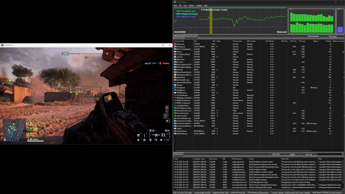 Battlefield 6 (left) running alongside Process Lasso (right), demonstrating that core parking is not in effect.