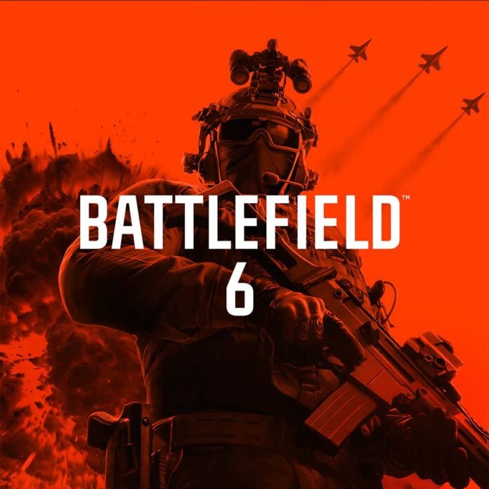 Battlefield 6 key art for the game's 'Phantom Edition, in which a soldier features prominently with planes flying overhead, in a red colour scheme.