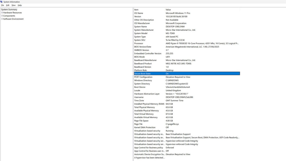 A screenshot of System Information, with the 'Secure Boot State' row highlighted in blue.