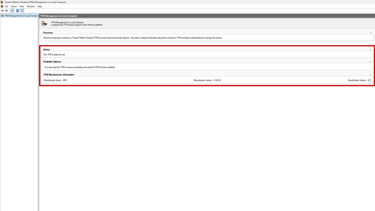 A screenshot of TPM Management on Local Computer, with status and other categories highlighted by a red rectangle.