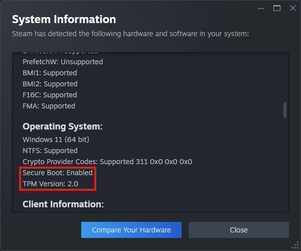 A screenshot of Steam, highlighting UEFI Secure Boot and TPM support.