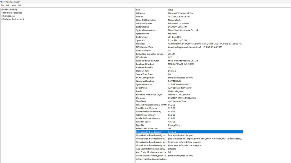 A screenshot of System Information, with the 'Virtualisation-based security' row highlighted in blue.