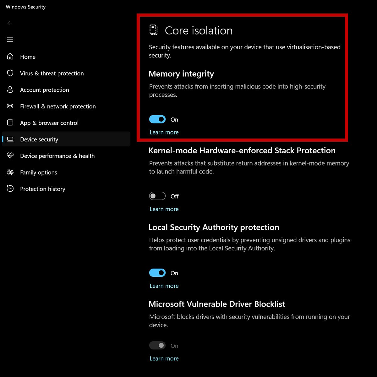 A screenshot of Windows settings menu, with 'Memory Integrity' highlighted via a red box.