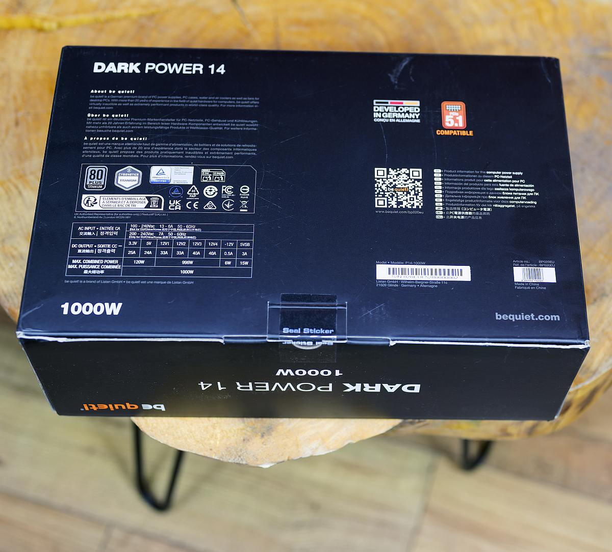 BQ Dark Power 14 1000W back of the box, black on a wooden table