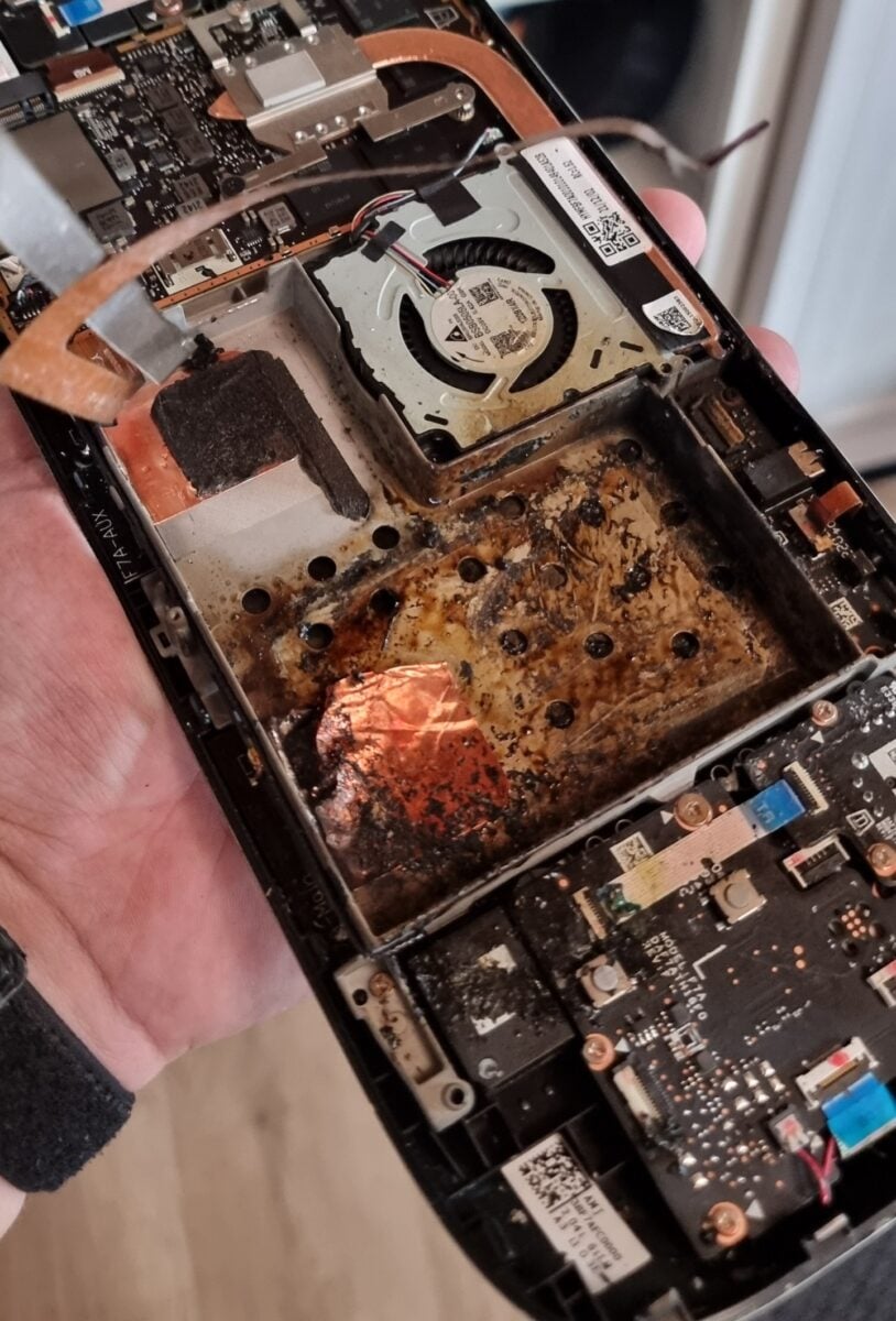 Burned internals of a damaged Steam Deck