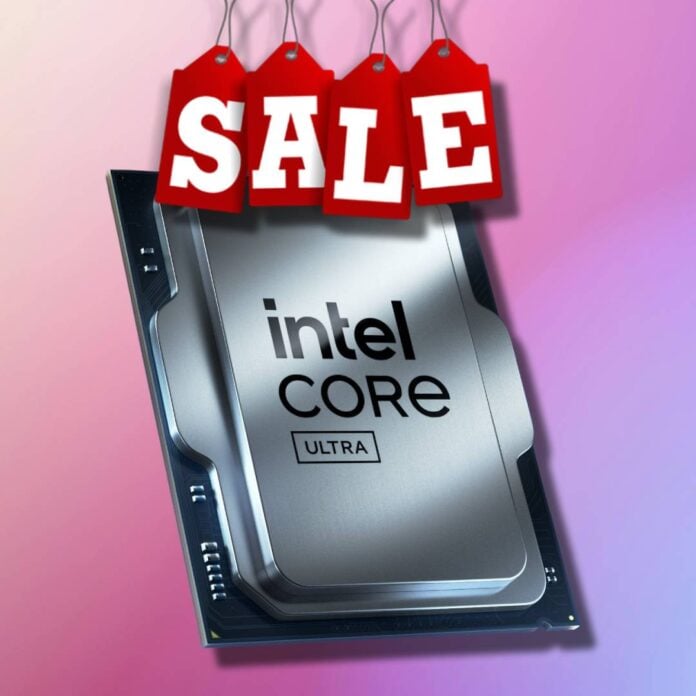 Intel Core Ultra chip on pink background with a Sale banner above
