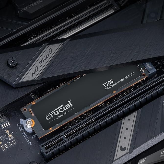 Crucial T705 SSD, installed in an M.2 slot on a motherboard.