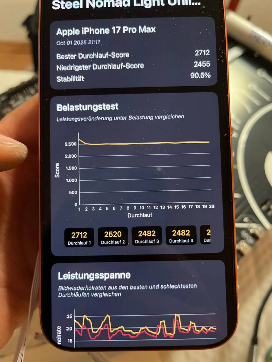 frankenstein iPhone 17 Pro Max with M.2 SSD coolers in 3DMark.