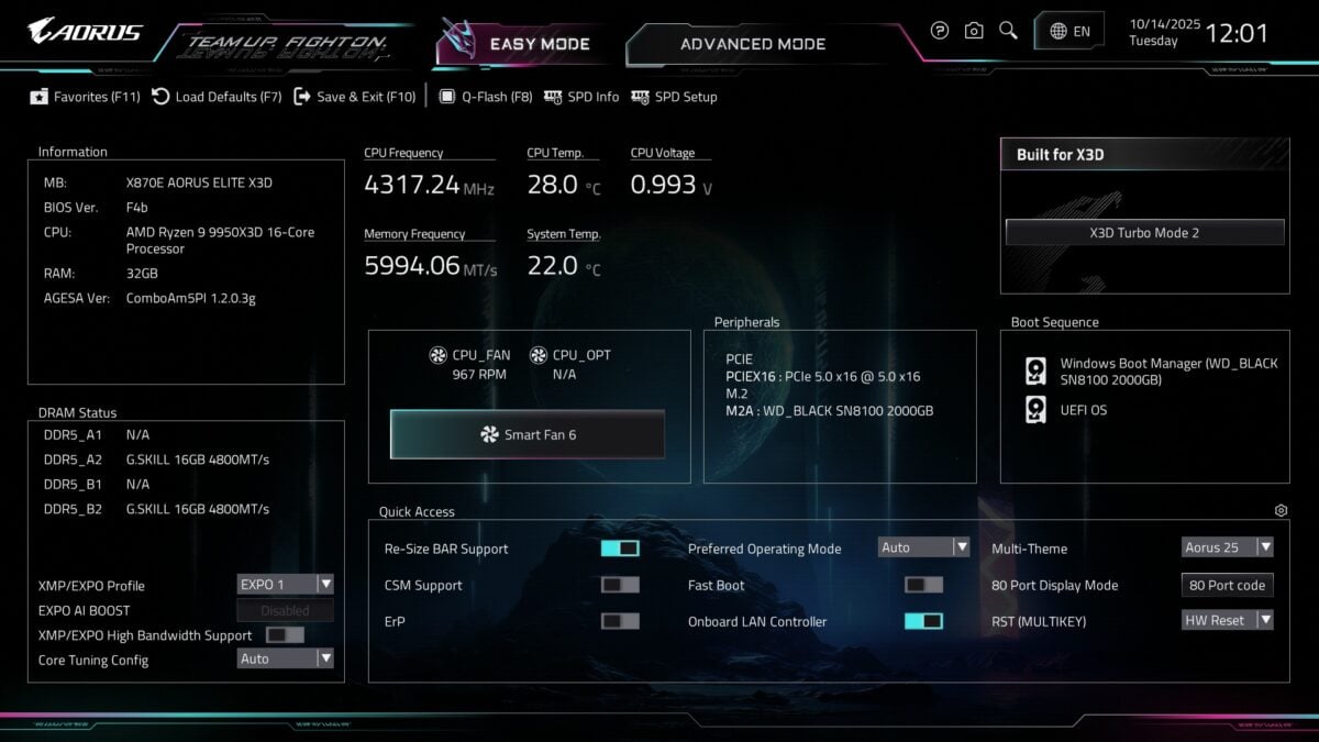 A screenshot of X870E Aorus Elite X3D Firmware.