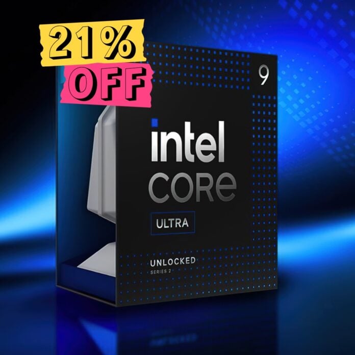 Intel Core Ultra 9 285K retail packaging against a blue backdrop, with a '21% off' sticker attached to it.