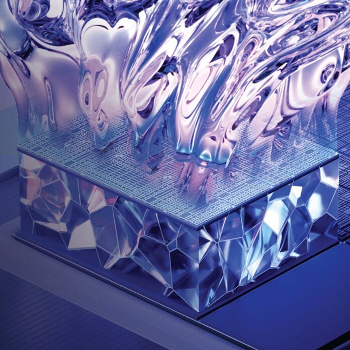 3D render of an Intel Panther Lake SoC, with purple liquid floating out of it.
