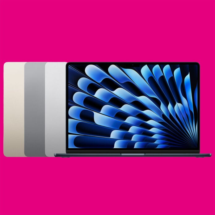 Macbook Air 15 displaying a blue wallpaper (right), next to other models (left) that are shut.