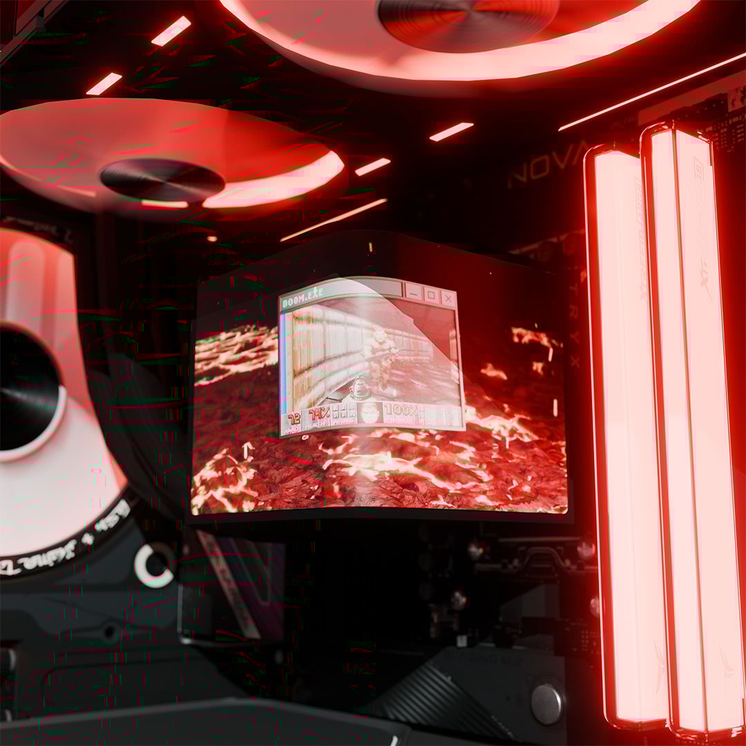 Close-up of Tryx 360 Panorama SE AIO inside Maingear Limited Edition Doom PC, looping gameplay footage of Doom 1993.