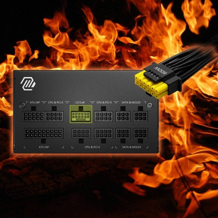 MSI yellow power PSU connectors on a backdrop of fire