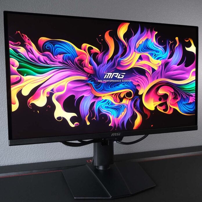 MSI MPG 271QR QD-OLED X50, displaying an 'MPG' wallpaper.